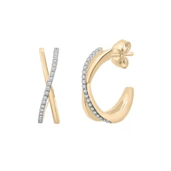 Diamond Open Huggie Hoop 'X' Earrings In 14K Yellow Gold (1/7 Ct. Tw.)