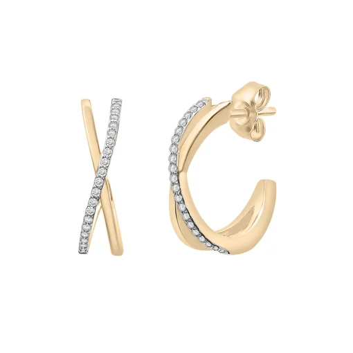 Diamond Open Huggie Hoop 'X' Earrings In 14K Yellow Gold (1/7 Ct. Tw.)