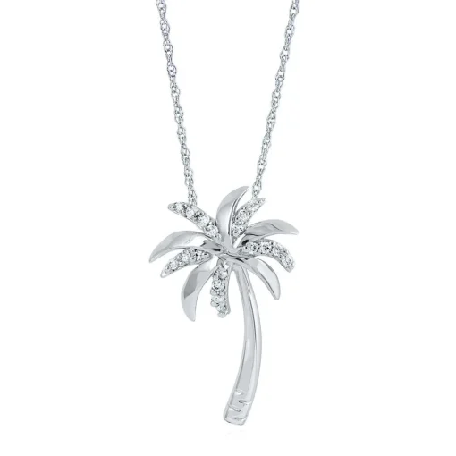 Diamond Palm Tree Pendant In 10K White Gold