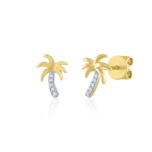 Diamond Palm Tree Stud Earrings In 10K Yellow Gold