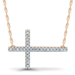 Diamond Sideways Cross Necklace In 10K Rose Gold