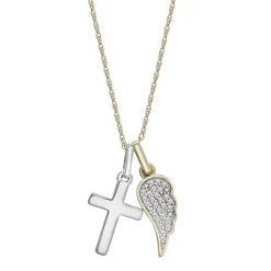 Diamond Wing & Cross Charm Pendant In Sterling Silver & 10K Yellow Gold