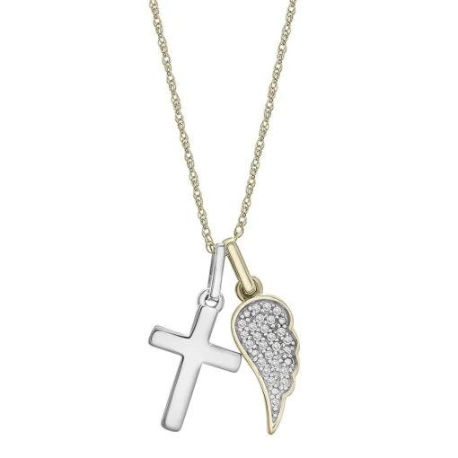 Diamond Wing & Cross Charm Pendant In Sterling Silver & 10K Yellow Gold