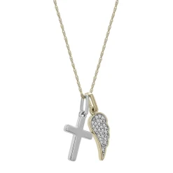 Diamond Wing & Cross Charm Pendant In Sterling Silver & 10K Yellow Gold