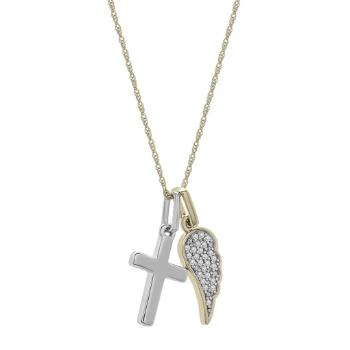 Diamond Wing & Cross Charm Pendant In Sterling Silver & 10K Yellow Gold