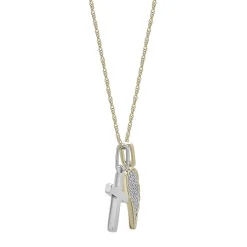Diamond Wing & Cross Charm Pendant In Sterling Silver & 10K Yellow Gold