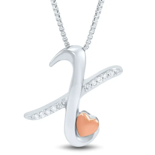 Diamond X Initial Pendant In Sterling Silver & 14K Rose Gold