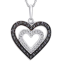 Double Heart Pendant With Black & White Diamonds In Sterling Silver (1/3 Ct. Tw.)