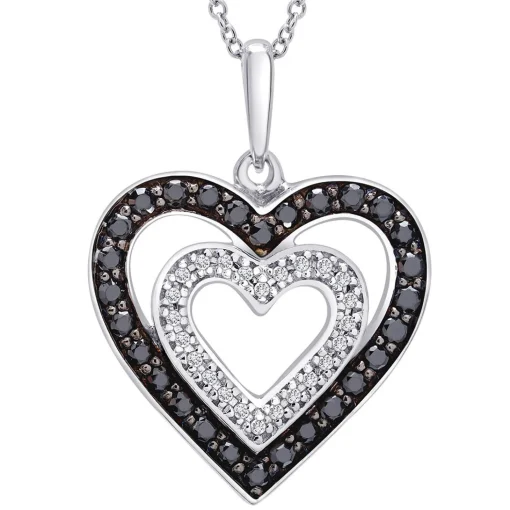 Double Heart Pendant With Black & White Diamonds In Sterling Silver (1/3 Ct. Tw.)