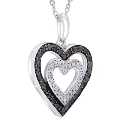Double Heart Pendant With Black & White Diamonds In Sterling Silver (1/3 Ct. Tw.)