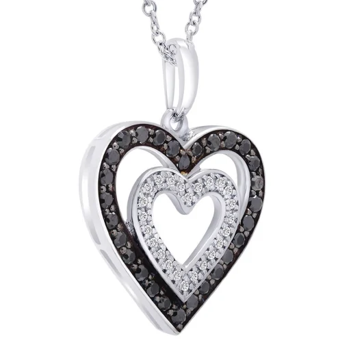 Double Heart Pendant With Black & White Diamonds In Sterling Silver (1/3 Ct. Tw.)