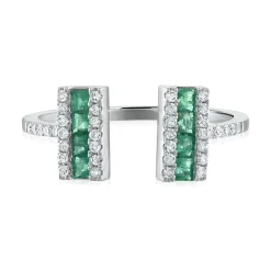 Emerald & Diamond Open Bar Ring In 14K White Gold (1/7 Ct. Tw.)