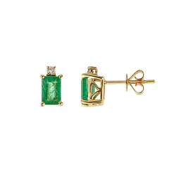 Emerald & Diamond Stud Earrings In 14K Yellow Gold