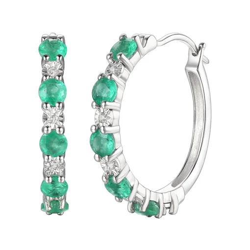 Emerald Hoop Earrings With Diamond Accents In 10K White Gold