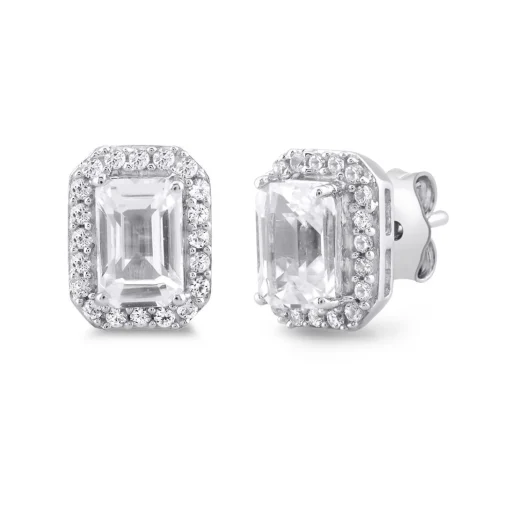 Emerald-Cut Lab Created White Sapphire Halo Earrings In Sterling Silver