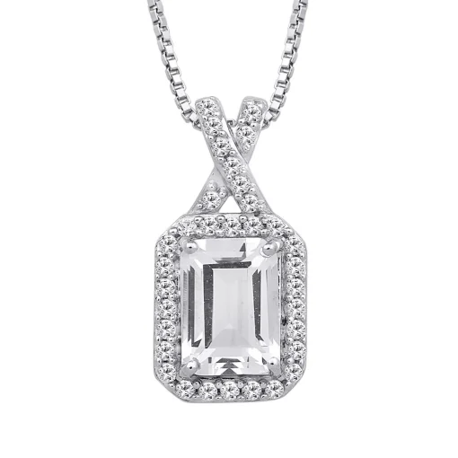 Emerald-Cut Lab Created White Sapphire Halo Pendant In Sterling Silver