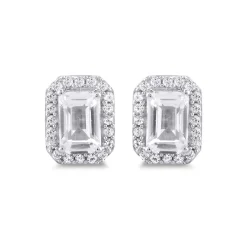 Emerald-Cut Lab Created White Sapphire Halo Earrings In Sterling Silver