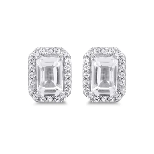 Emerald-Cut Lab Created White Sapphire Halo Earrings In Sterling Silver