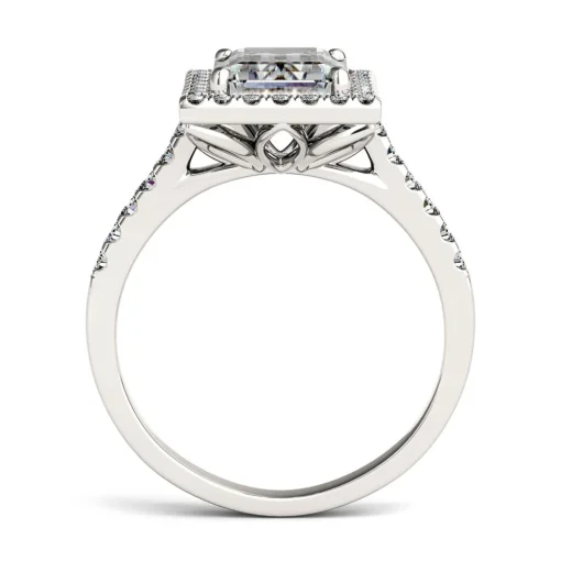 Emerald-Cut Moissanite Halo Ring With Pave Band In 14K White Gold (3 Ct. Tw.)