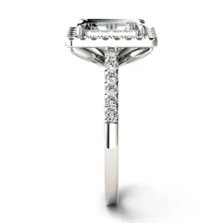 Emerald-Cut Moissanite Halo Ring With Pave Band In 14K White Gold (3 Ct. Tw.)