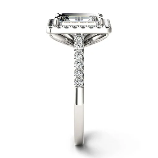 Emerald-Cut Moissanite Halo Ring With Pave Band In 14K White Gold (3 Ct. Tw.)