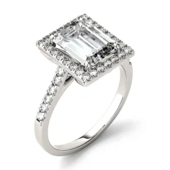 Emerald-Cut Moissanite Halo Ring With Pave Band In 14K White Gold (3 Ct. Tw.)