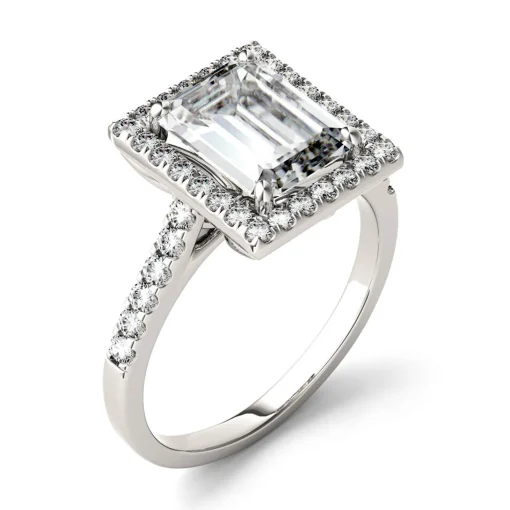 Emerald-Cut Moissanite Halo Ring With Pave Band In 14K White Gold (3 Ct. Tw.)