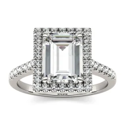 Emerald-Cut Moissanite Halo Ring With Pave Band In 14K White Gold (3 Ct. Tw.)
