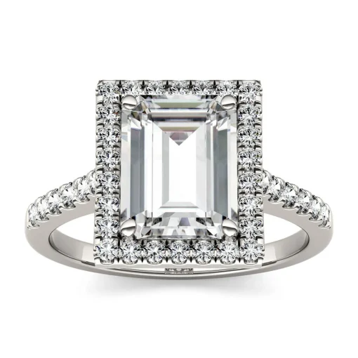 Emerald-Cut Moissanite Halo Ring With Pave Band In 14K White Gold (3 Ct. Tw.)