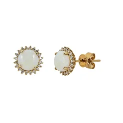 Ethiopian Opal & 1/5 Ct. Tw. Diamond Stud Earrings In 10K Yellow Gold