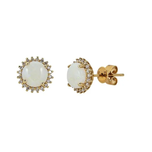 Ethiopian Opal & 1/5 Ct. Tw. Diamond Stud Earrings In 10K Yellow Gold