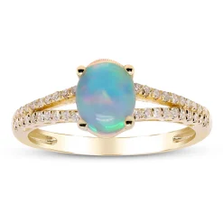 Ethiopian Opal Ring With Diamond Split-Shank Band In 10K Yellow Gold (1/5 Ct. Tw.)