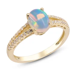 Ethiopian Opal Ring With Diamond Split-Shank Band In 10K Yellow Gold (1/5 Ct. Tw.)
