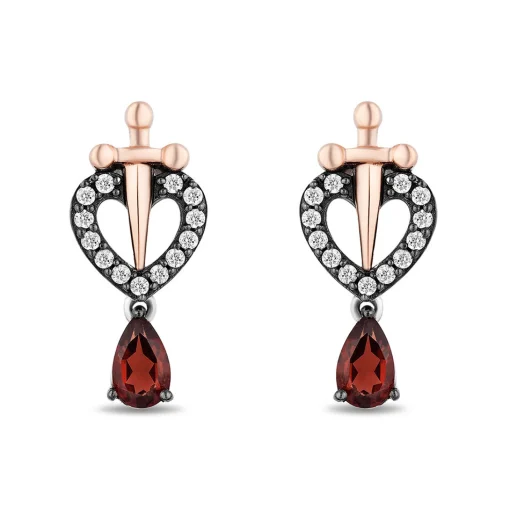 Evil Queen Diamond & Garnet Earrings In Sterling Silver & 10K Rose Gold (1/8 Ct. Tw)