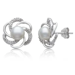 Freshwater Cultured Button Pearl Earrings With Diamond Accent In Sterling Silver