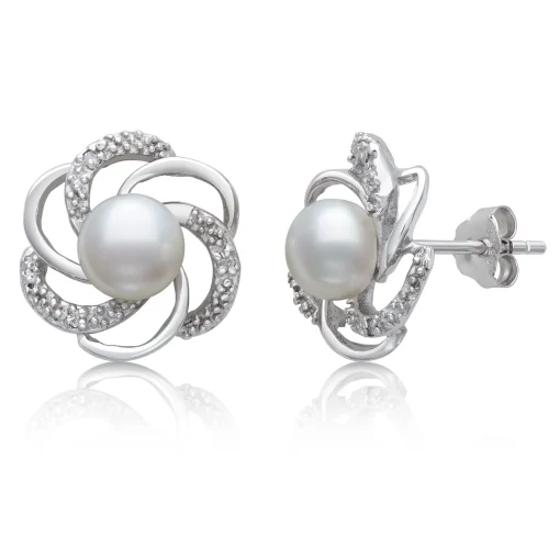 Freshwater Cultured Button Pearl Earrings With Diamond Accent In Sterling Silver