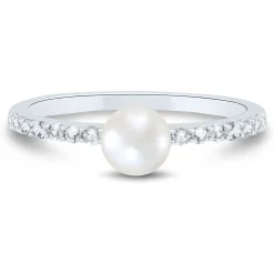 Freshwater Cultured Pearl And Lab Created White Sapphire Stack Ring In Sterling Silver