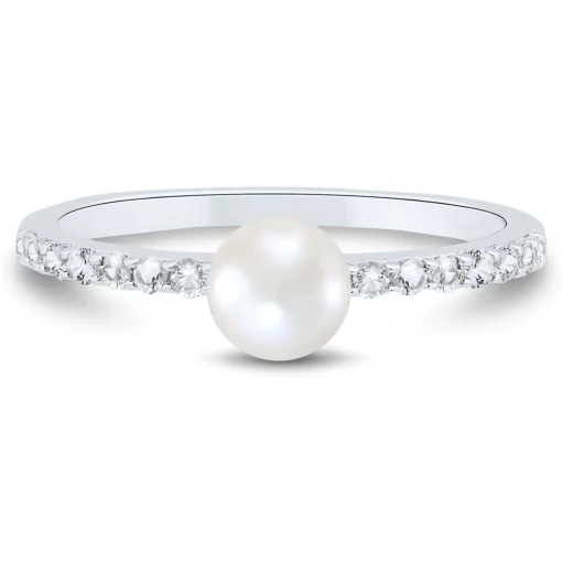 Freshwater Cultured Pearl And Lab Created White Sapphire Stack Ring In Sterling Silver