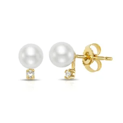 Freshwater Cultured Pearl & Diamond Earrings In 14K Yellow Gold, 5.5-6Mm