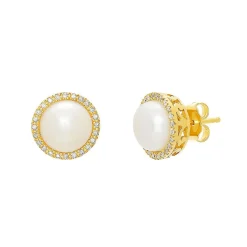 Freshwater Cultured Pearl & 1/7 Ct. Tw. Diamond Earrings In 14K Yellow Gold