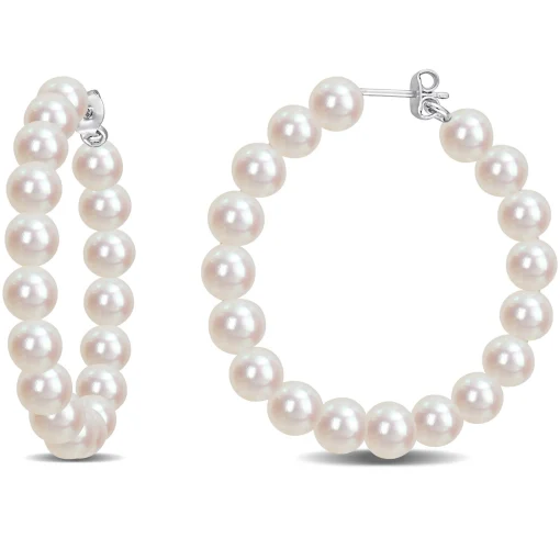 Freshwater Cultured Pearl Hoop Earrings In Sterling Silver