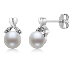 Freshwater Cultured Pearl And Diamond Accent Earrings In Sterling Silver