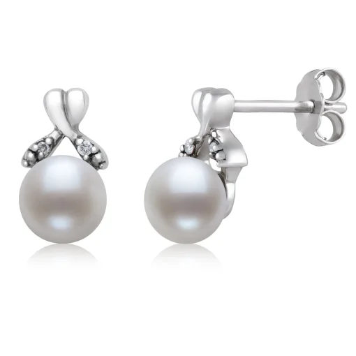 Freshwater Cultured Pearl And Diamond Accent Earrings In Sterling Silver