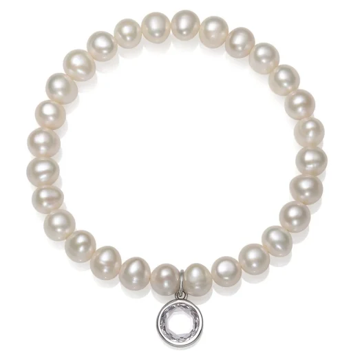 Freshwater Cultured Pearl & April Birthstone Charm Bracelet In Sterling Silver