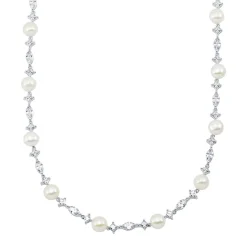 Freshwater Cultured Pearl & Lab Created White Sapphire Necklace In Sterling Silver