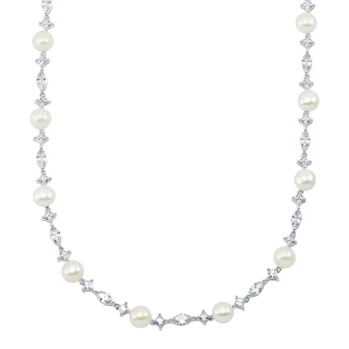 Freshwater Cultured Pearl & Lab Created White Sapphire Necklace In Sterling Silver