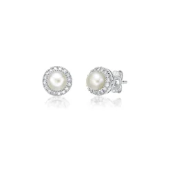 Freshwater Cultured Pearl & 1/7 Ct. Tw. Diamond Earrings In Sterling Silver