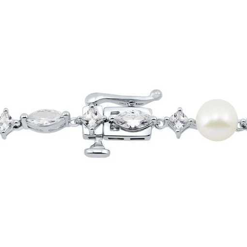 Freshwater Cultured Pearl & Lab Created White Sapphire Necklace In Sterling Silver