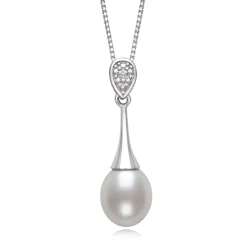 Freshwater Cultured Teardrop Pearl Pendant With Diamond Accent In Sterling Silver