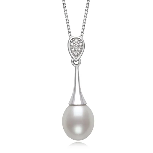 Freshwater Cultured Teardrop Pearl Pendant With Diamond Accent In Sterling Silver
